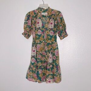 Trovata Birds of Paradis Phoebe Short Sleeve Cotton Mini Dress Teal Dahlia XS